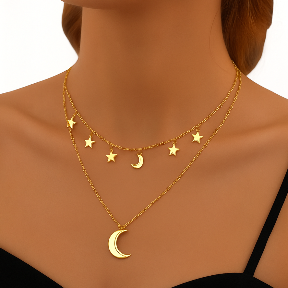 Collana Doppia Luna e Stelle – Acciaio Inossidabile Anallergico, Non Sbiadisce e Waterproof
