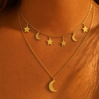Collana Doppia Luna e Stelle – Acciaio Inossidabile Anallergico, Non Sbiadisce e Waterproof