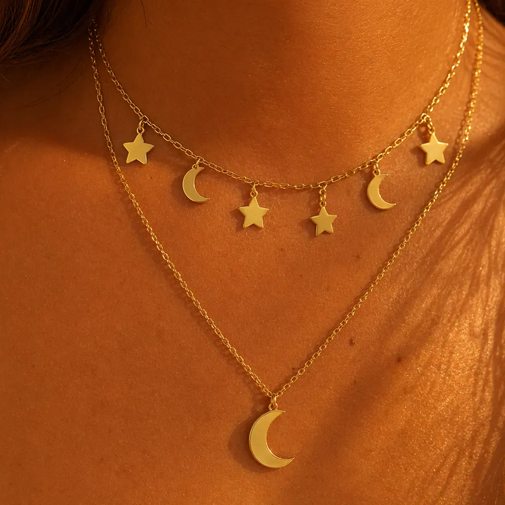 Collana Doppia Luna e Stelle – Acciaio Inossidabile Anallergico, Non Sbiadisce e Waterproof
