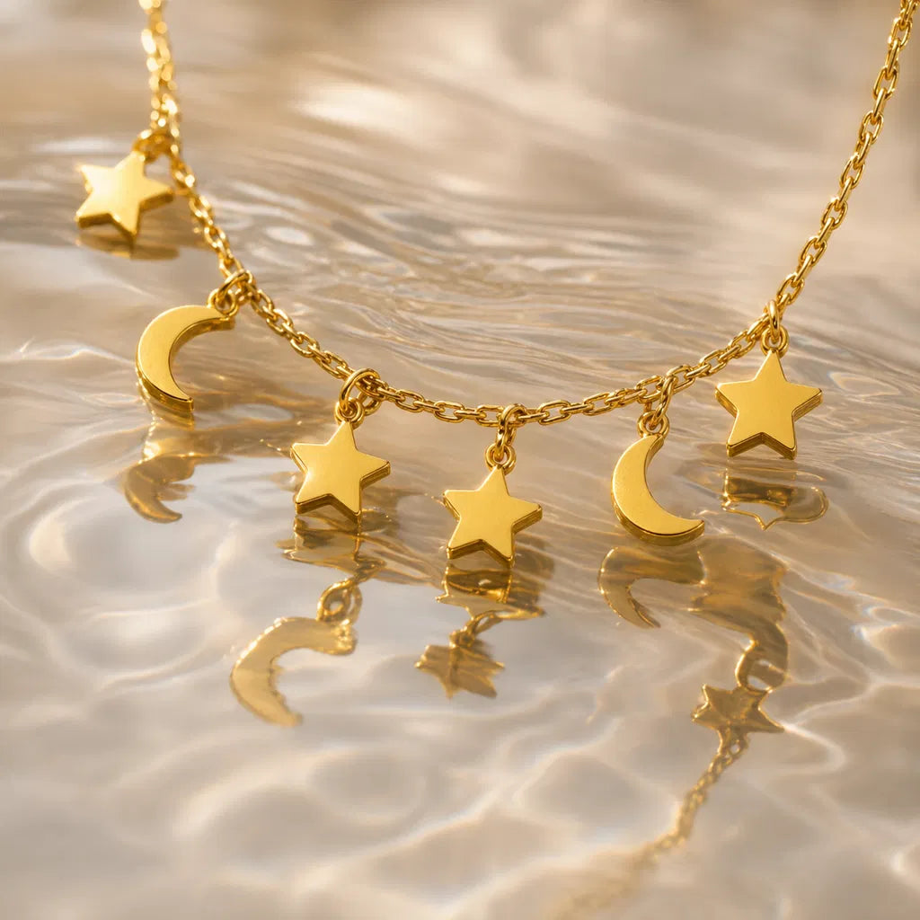 Collana Doppia Luna e Stelle – Acciaio Inossidabile Anallergico, Non Sbiadisce e Waterproof