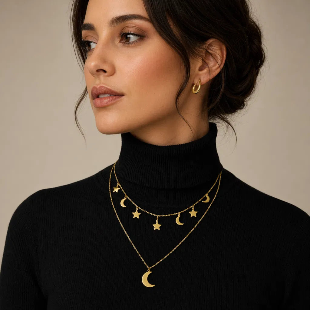 Collana Doppia Luna e Stelle – Acciaio Inossidabile Anallergico, Non Sbiadisce e Waterproof