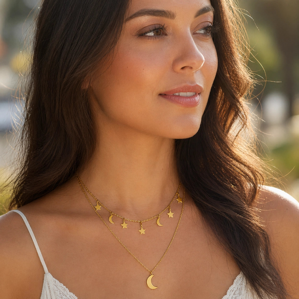 Collana Doppia Luna e Stelle – Acciaio Inossidabile Anallergico, Non Sbiadisce e Waterproof
