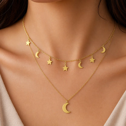 Collana Doppia Luna e Stelle – Acciaio Inossidabile Anallergico, Non Sbiadisce e Waterproof