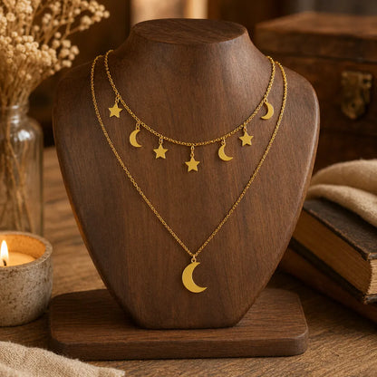 Collana Doppia Luna e Stelle – Acciaio Inossidabile Anallergico, Non Sbiadisce e Waterproof