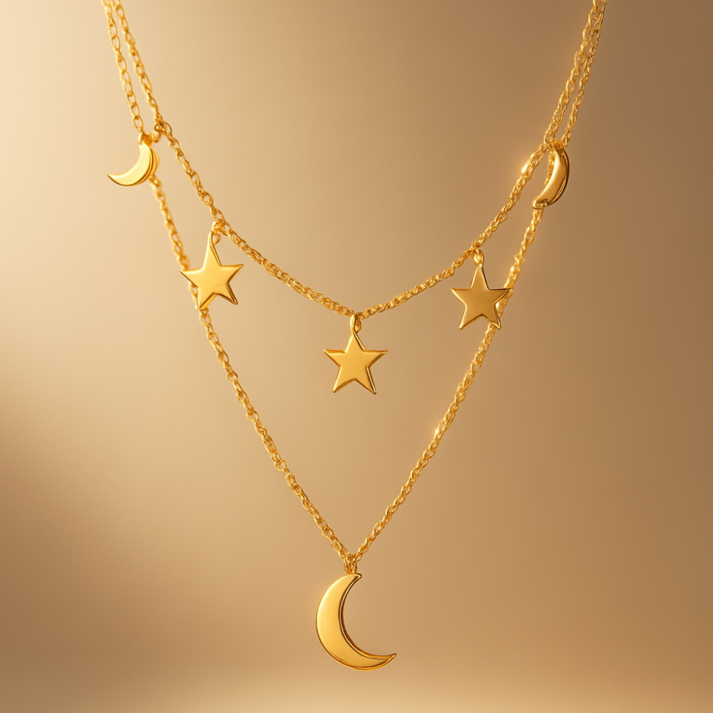Collana Doppia Luna e Stelle – Acciaio Inossidabile Anallergico, Non Sbiadisce e Waterproof