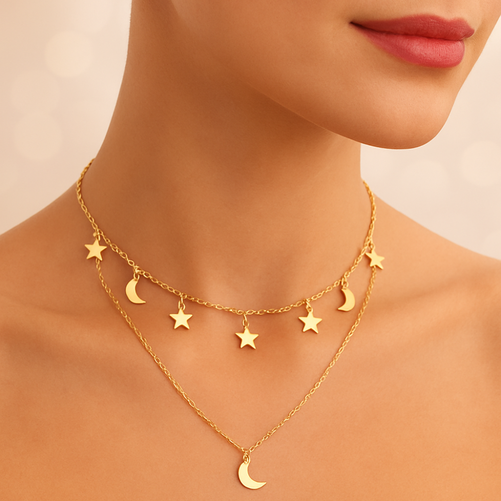 Collana Doppia Luna e Stelle – Acciaio Inossidabile Anallergico, Non Sbiadisce e Waterproof