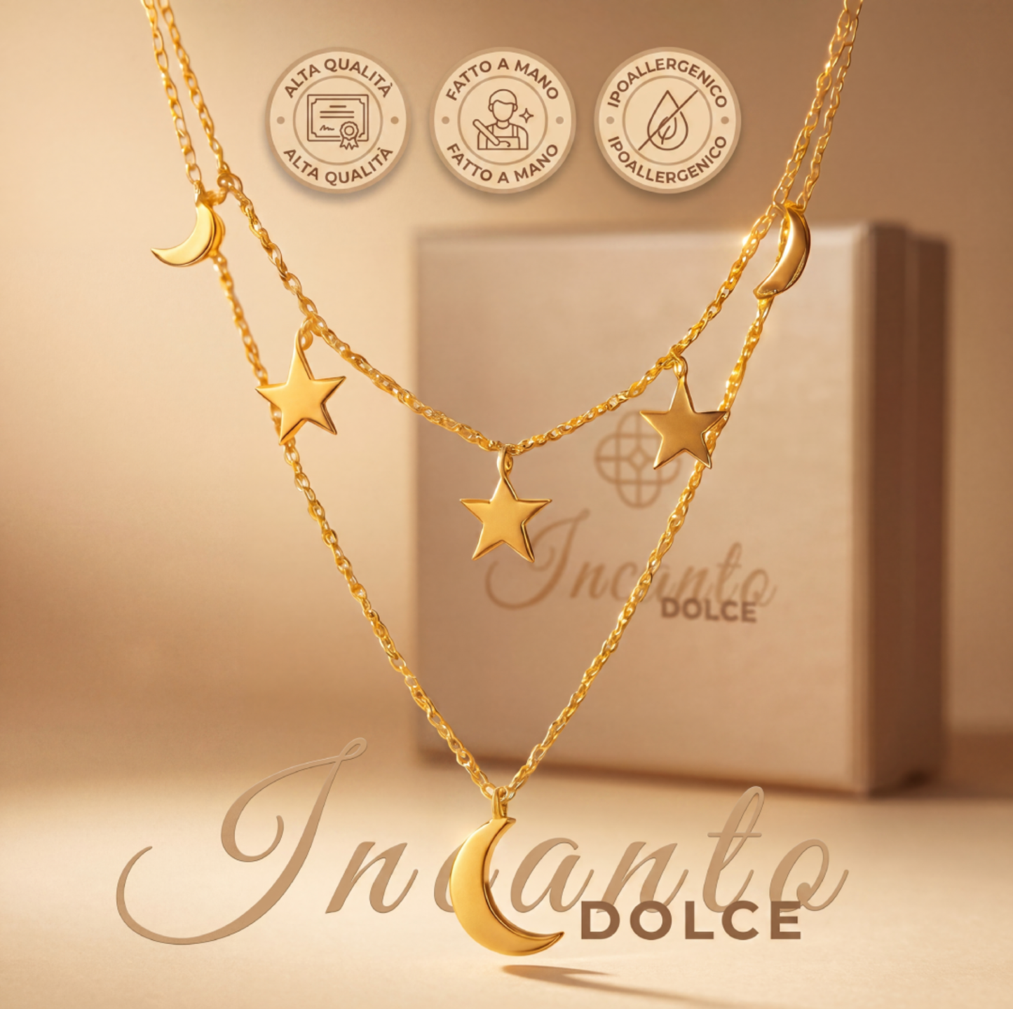 Collana Doppia Luna e Stelle – Acciaio Inossidabile Anallergico, Non Sbiadisce e Waterproof