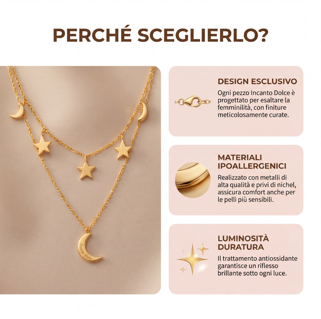 Collana Doppia Luna e Stelle – Acciaio Inossidabile Anallergico, Non Sbiadisce e Waterproof