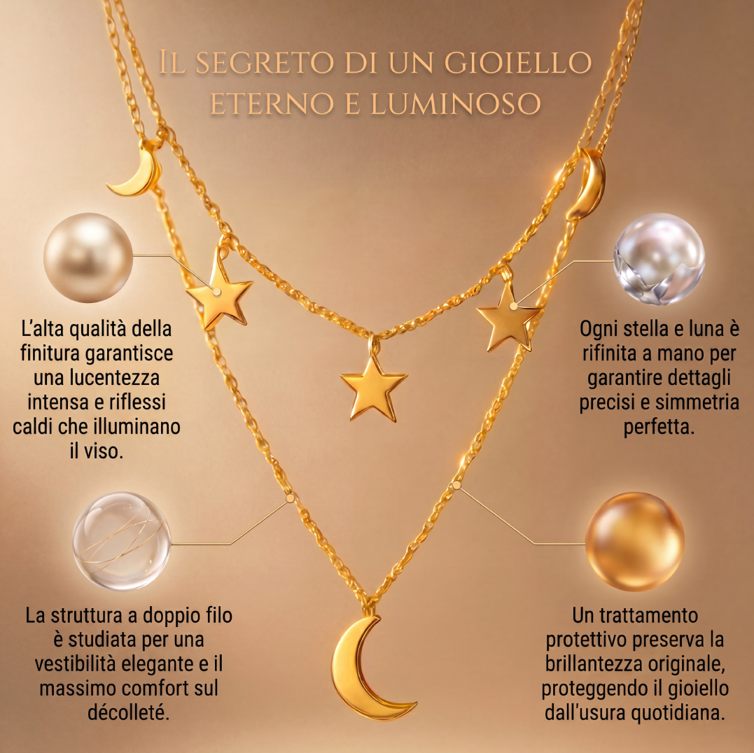 Collana Doppia Luna e Stelle – Acciaio Inossidabile Anallergico, Non Sbiadisce e Waterproof
